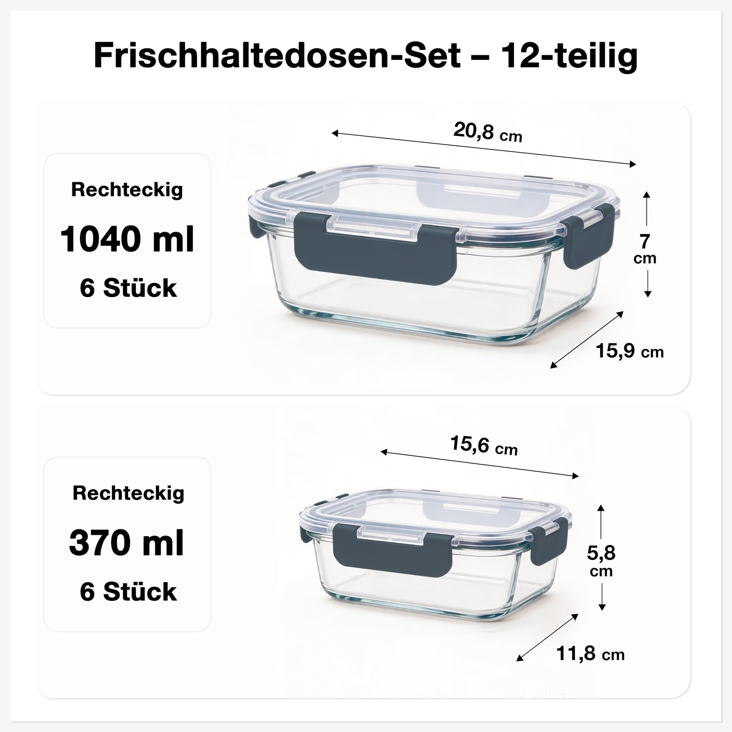 Haushaltszauber® Frischhaltedosen Set – 12-teilig (6 x 1040 ml & 6 x 370 ml) | Luftdicht, auslaufsicher & stapelbar | BPA-frei | Hochwertiges Borosilikatglas | ideal für Küche, Meal Prep & unterwegs