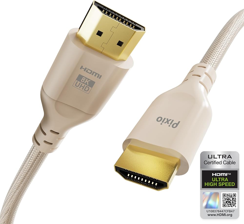 Pixio 베이지 8K HDMI 2.1 케이블 HDMI-HDMI 인증 초고속 1.8m(6피트) 8K 60Hz 4K 120Hz 나일론 브레이드, 금 도금 커넥터, 파손 방지, HDR10+, dtsx, eARC, HDCP, 돌비 호환 — 사진 1