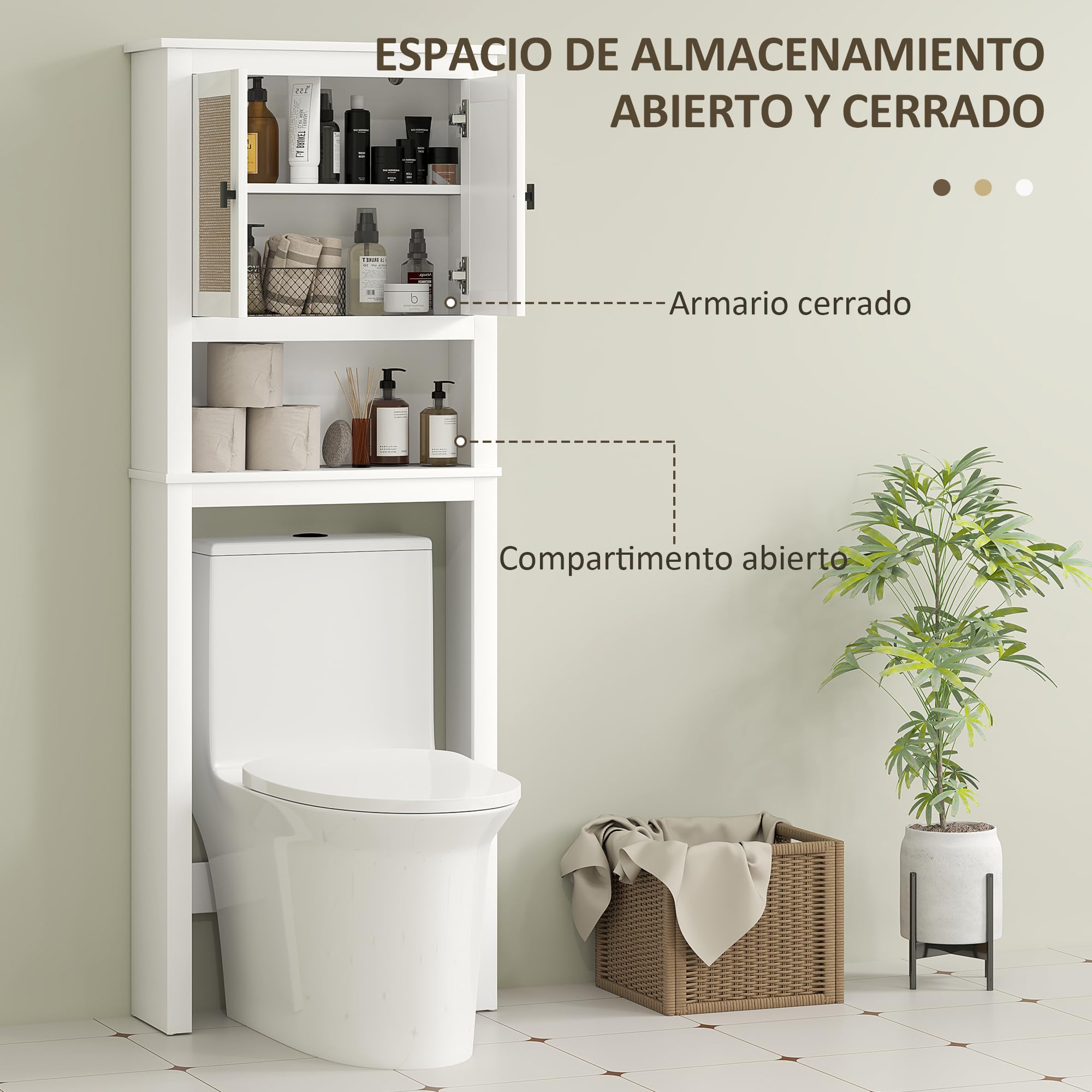 HOMCOM Mueble sobre Inodoro Estrecho Armario sobre Inodoro con 2 Puertas con Frontal de Ratán Compartimento y Estante Ajustable Mueble de Baño 60x19,5x160 cm Blanco