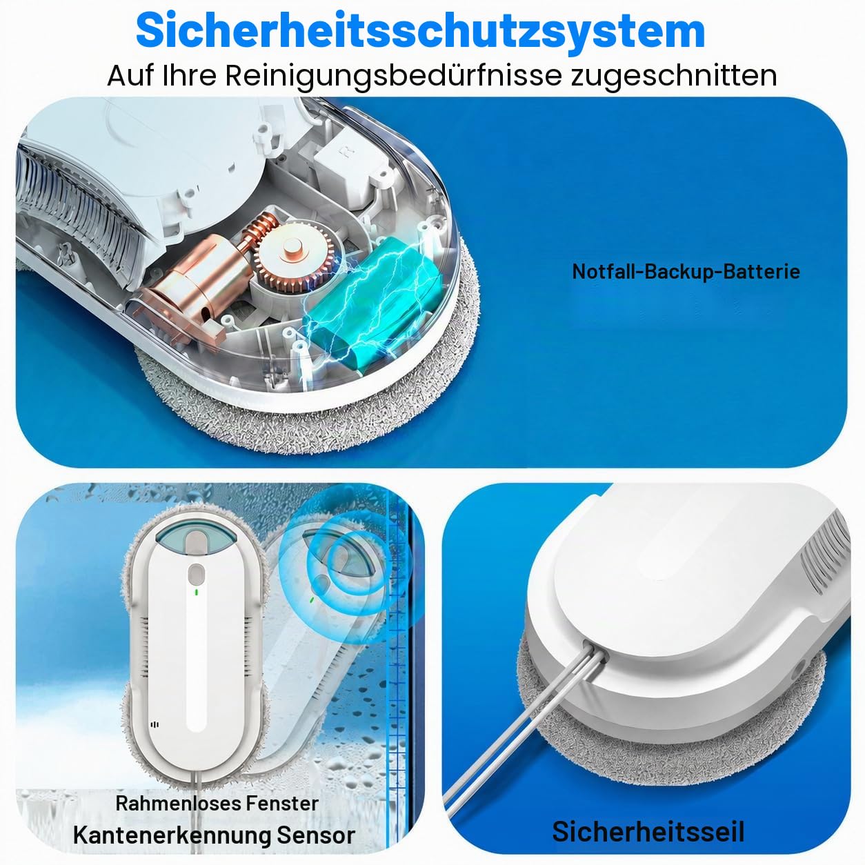 Fensterputzroboter mit Sprühfunktion, Automatischer Fensterreiniger elektrisch mit 95-ml-Tank, Kantenerkennung, intelligenter Wegplanung, für Hochhausfenster und Glastüren, Weiß | Automatischer elektrischer Fensterreiniger, 95-ml-Tank, Kantenerkennung, In