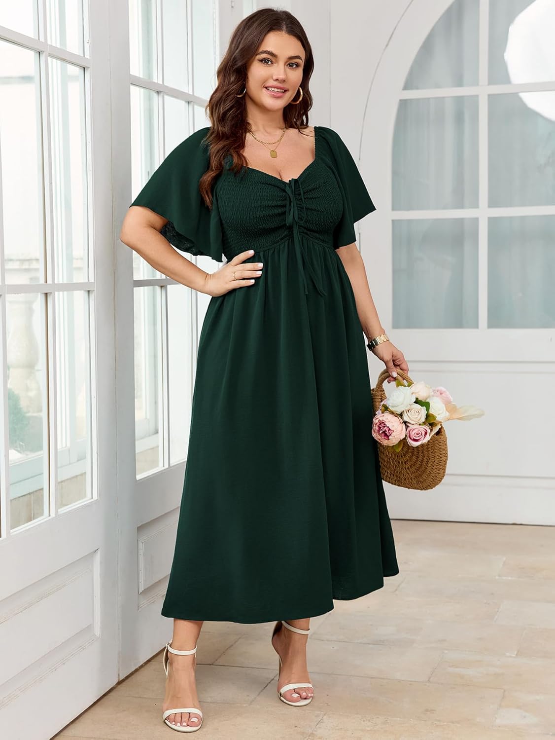 Women's Plus Size Maxi Dress Short Sleeve Sweetheart Neckline Smocked A Line Flowy Formal Wedding Guest Dress - Image 8