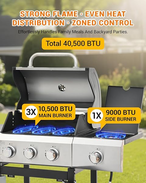 EUHOME 40,500 BTU 3-Burner Propane Gas Grill with Side Burner,Stainless Steel Outdoor BBQ Grill Portable with Wheels and Cast Iron Grates for Patio Garden Barbecue Cooking - 5