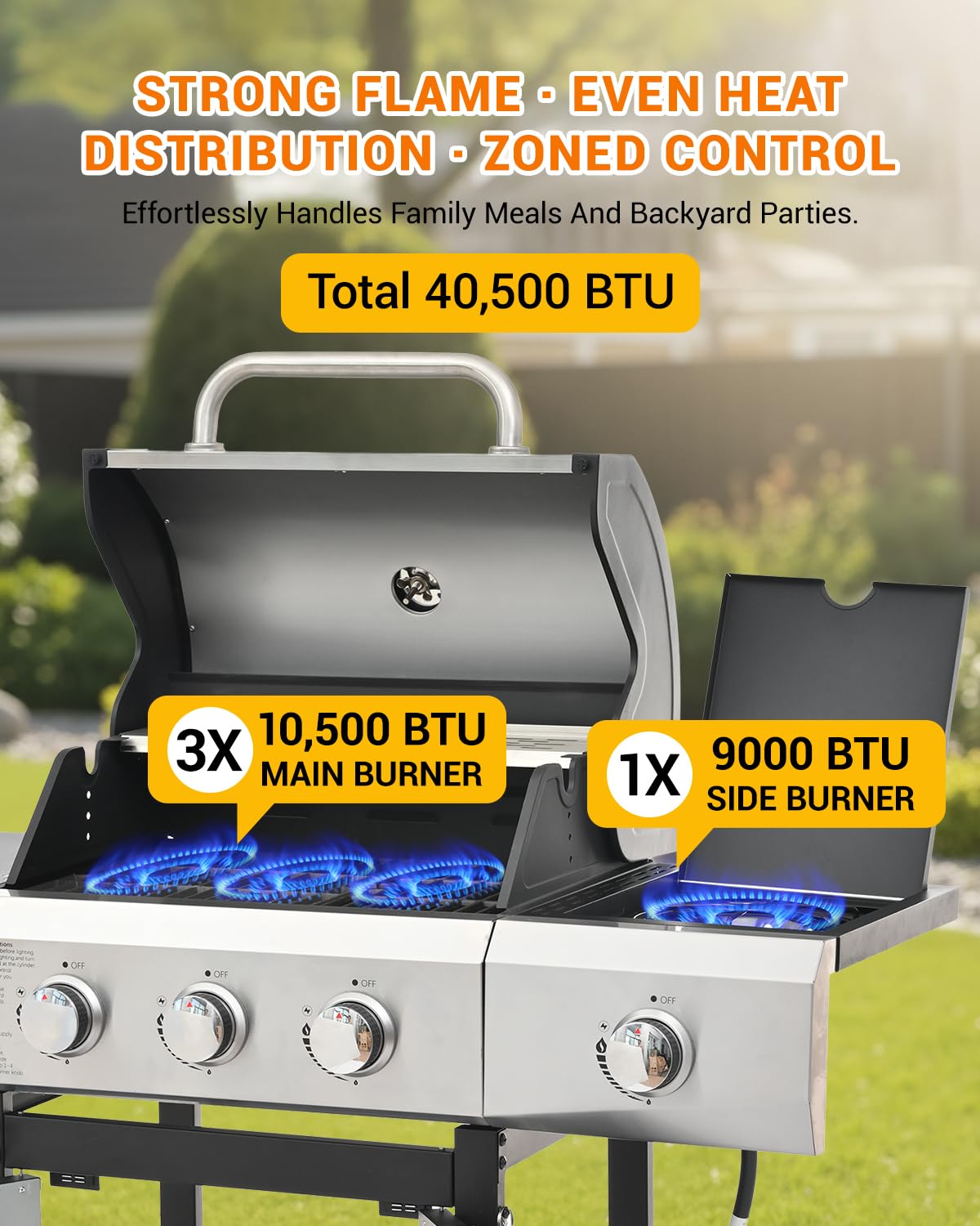EUHOME 40,500 BTU 3-Burner Propane Gas Grill with Side Burner,Stainless Steel Outdoor BBQ Grill Portable with Wheels and Cast Iron Grates for Patio Garden Barbecue Cooking — view 5