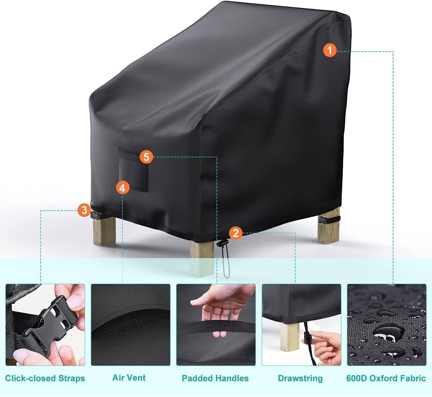 Patio Chair Covers for Outdoor Furniture Waterproof 2 Pack, Lawn Chair Covers 600D Heavy Duty Oxford Cloth, Large Covers for Lounge Lawn Deep Seat Black 40" W x 40" D x 36" H