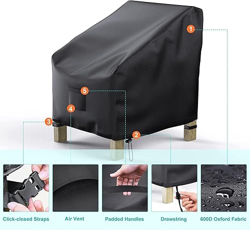 Miniatura 57 de Fundas para sillas de patio, impermeables, paquete de 2, tela Oxford 600D resistente, 35 pulgadas de ancho x 38 pulgadas de profundidad x 31 Negro