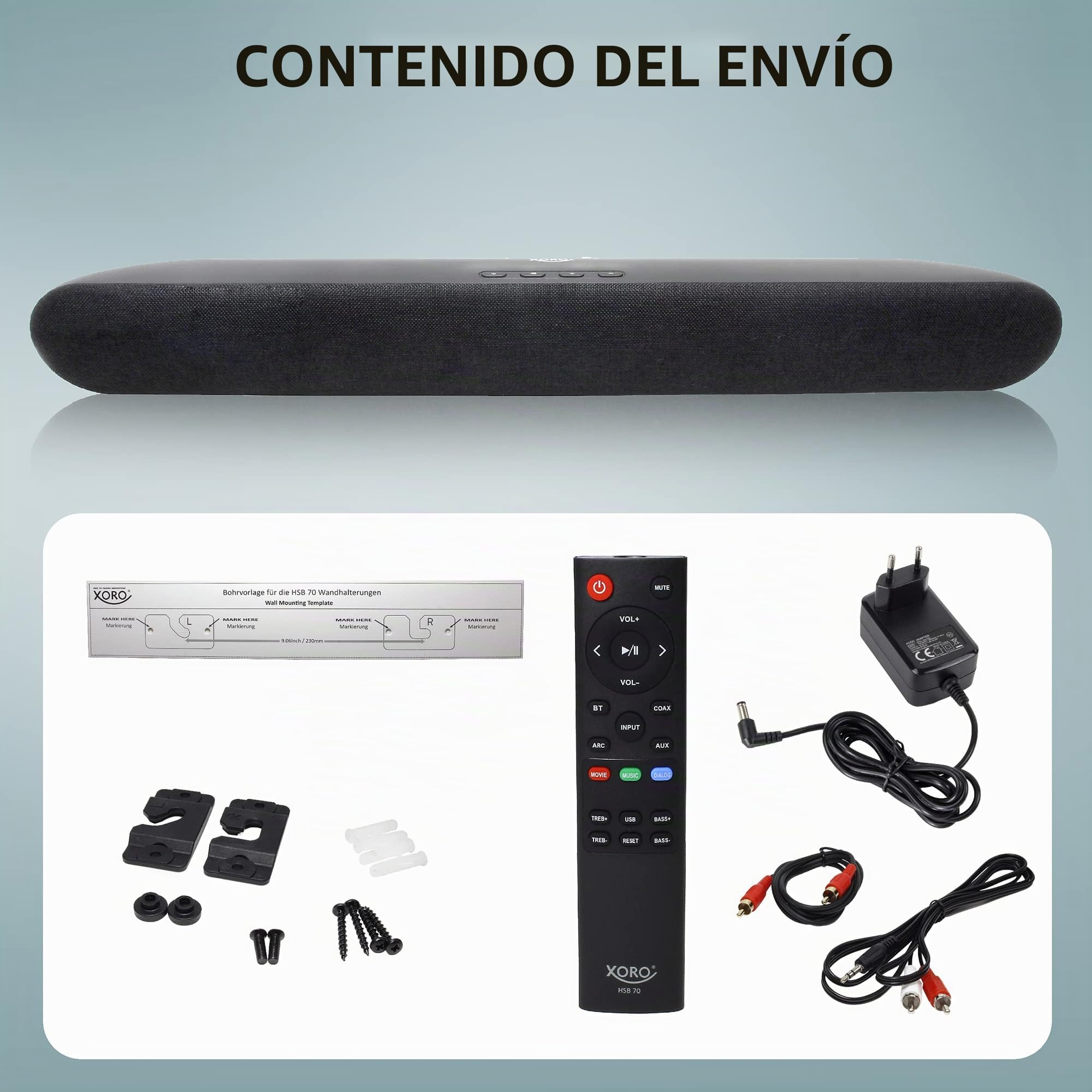 XORO Altavoz estéreo para televisión HSB 70 con Bluetooth, 60 W de Potencia de Salida, AV IN, HDMI ARC, Reproductor Multimedia USB 2.0, Incluye Soporte de Pared, Mando a Distancia por Infrarrojos