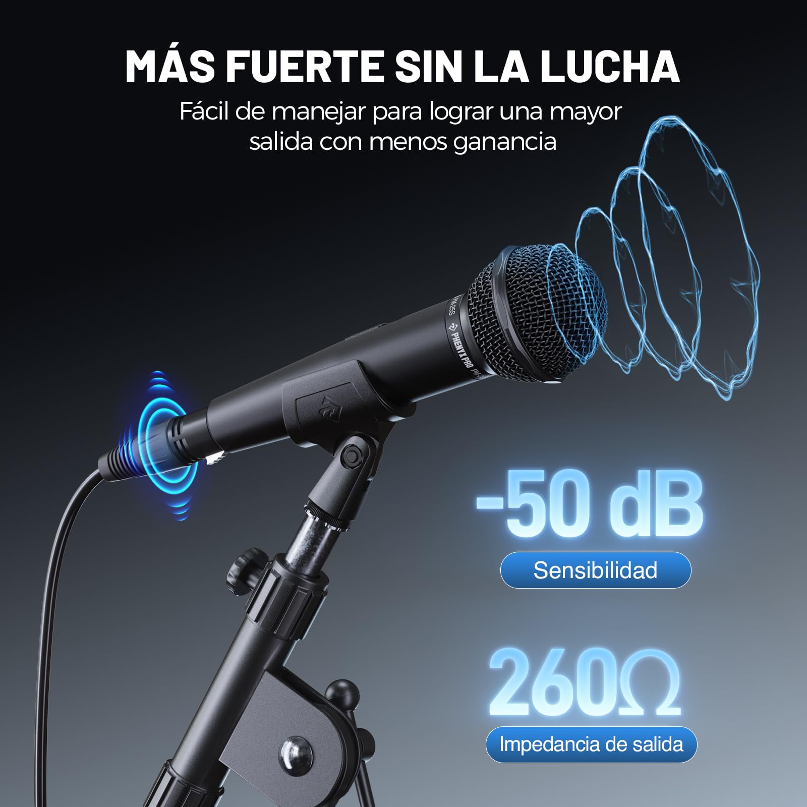 Phenyx Pro Micrófono Vocal Dinámico Cardioide XLR ON/Off PM-25S | Patrón cardioide, mic dinámico, cable XLR 5 m, interruptor on/off, clip, bolsa, canto, escenario, estudio