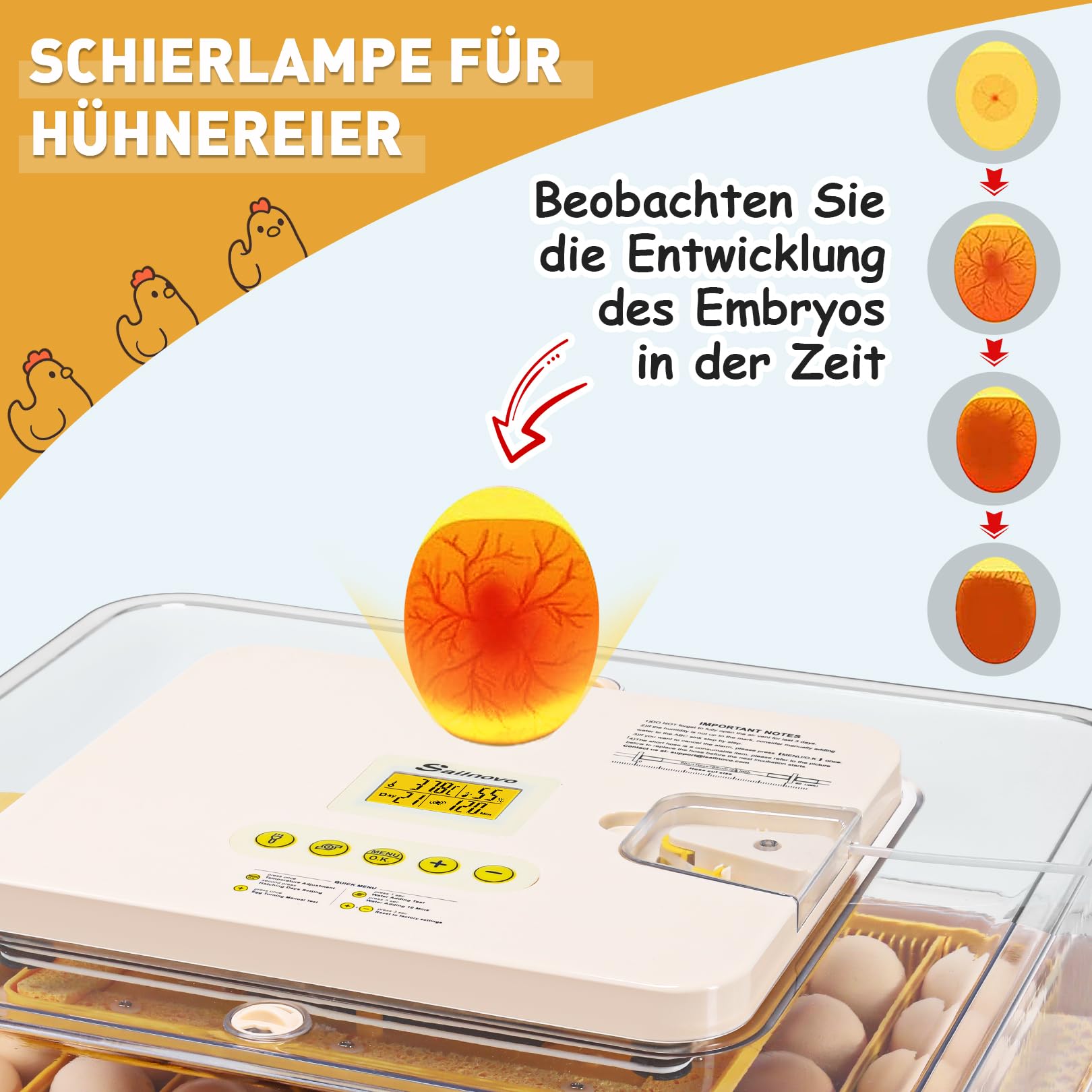 Sailnovo Brutautomat Vollautomatisch, Brutmaschine Eierinkubator für 56 Eier mit Temperaturkontrolle, Automatischer Befeuchtung, Automatischem Wenden der Eier und Schierlampe Für Eier Gelb