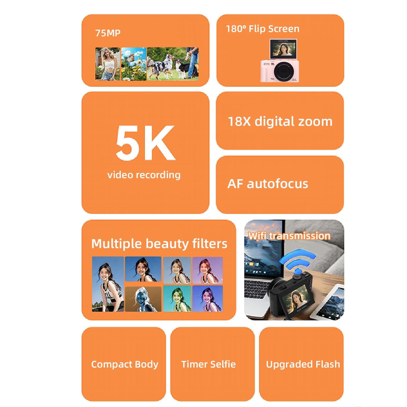Bewinner Fotocamera Digitale 5K per Video Fotografici, Videocamere Wi-Fi da 75 MP per Vlogging su YouTube, Videocamere con Messa a Fuoco Automatica UHD, Schermo Orientabile a 180° da 3