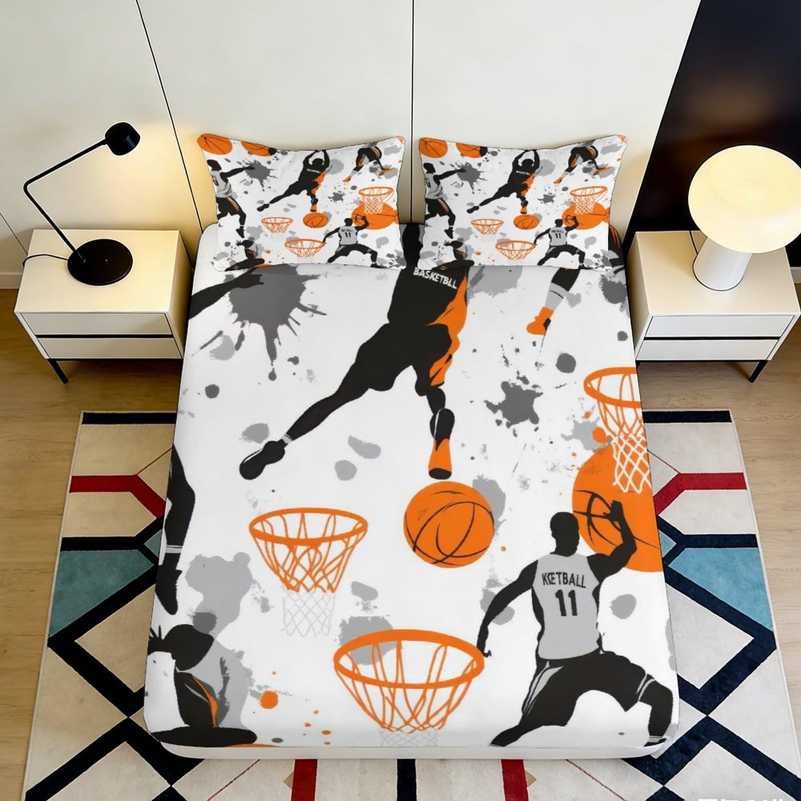 Dhbaneiok Style-2 3D Printed Basketball Court Fitted Sheet Microfiber Orange Black Sports Player Bed Cover For Bedroom Dorm Decoration 90X200x25cm
