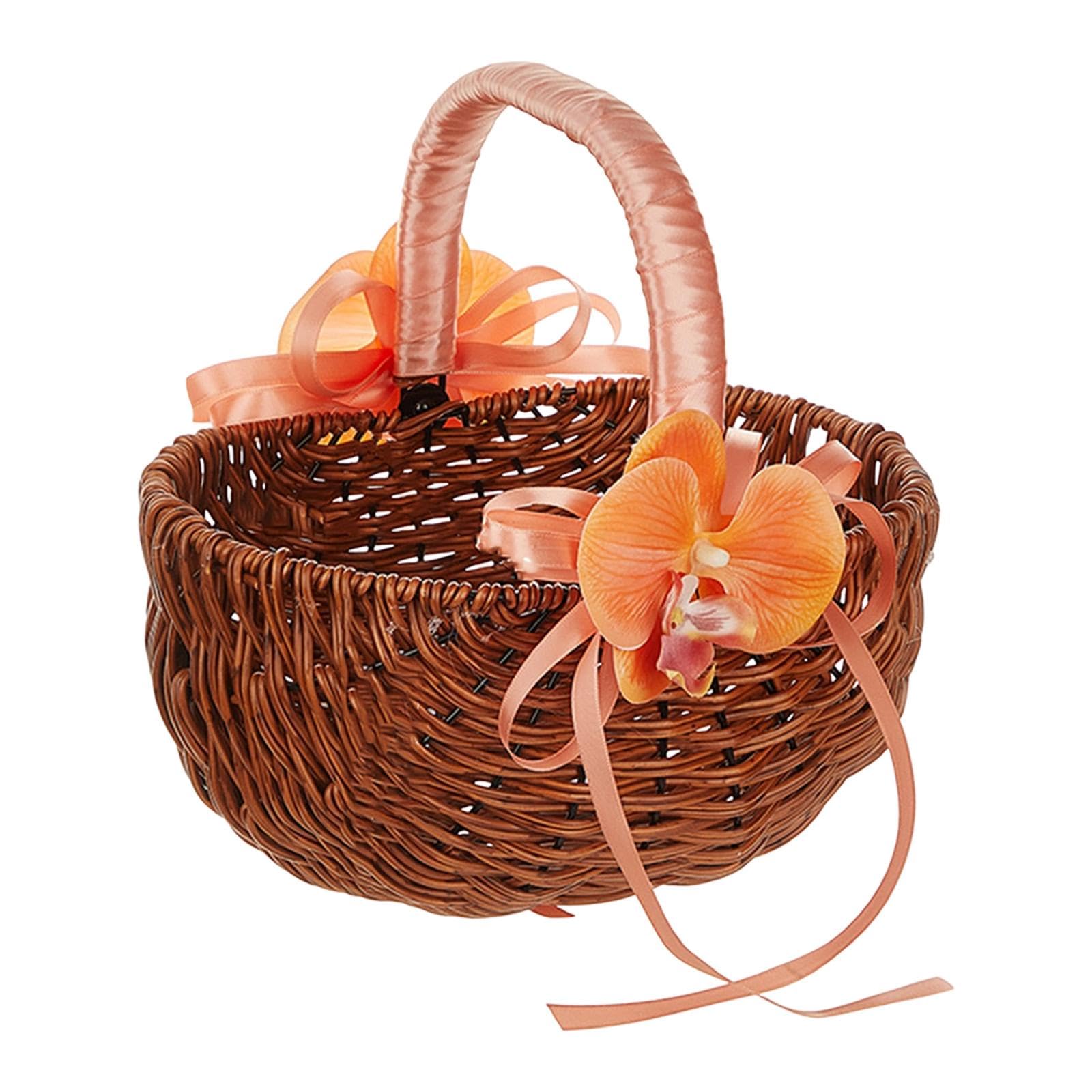 Flower Girl Basket Gift Flower Holder Candy Party Decor Woven Storage Basket with Orange Flower-picture-23