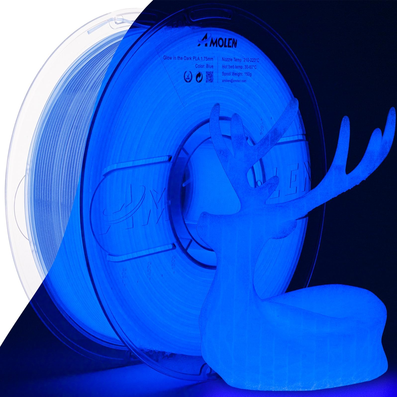 AMOLEN 3D PLA Printer Filament, 1.75mm Glow in The Dark Blue PLA Filament for 3D Printing, Best with UV Lamps, 1kg Spool (2.2lbs), Dimensional Accuracy +/- 0.02 mm, Fit Most FDM 3D Printers
