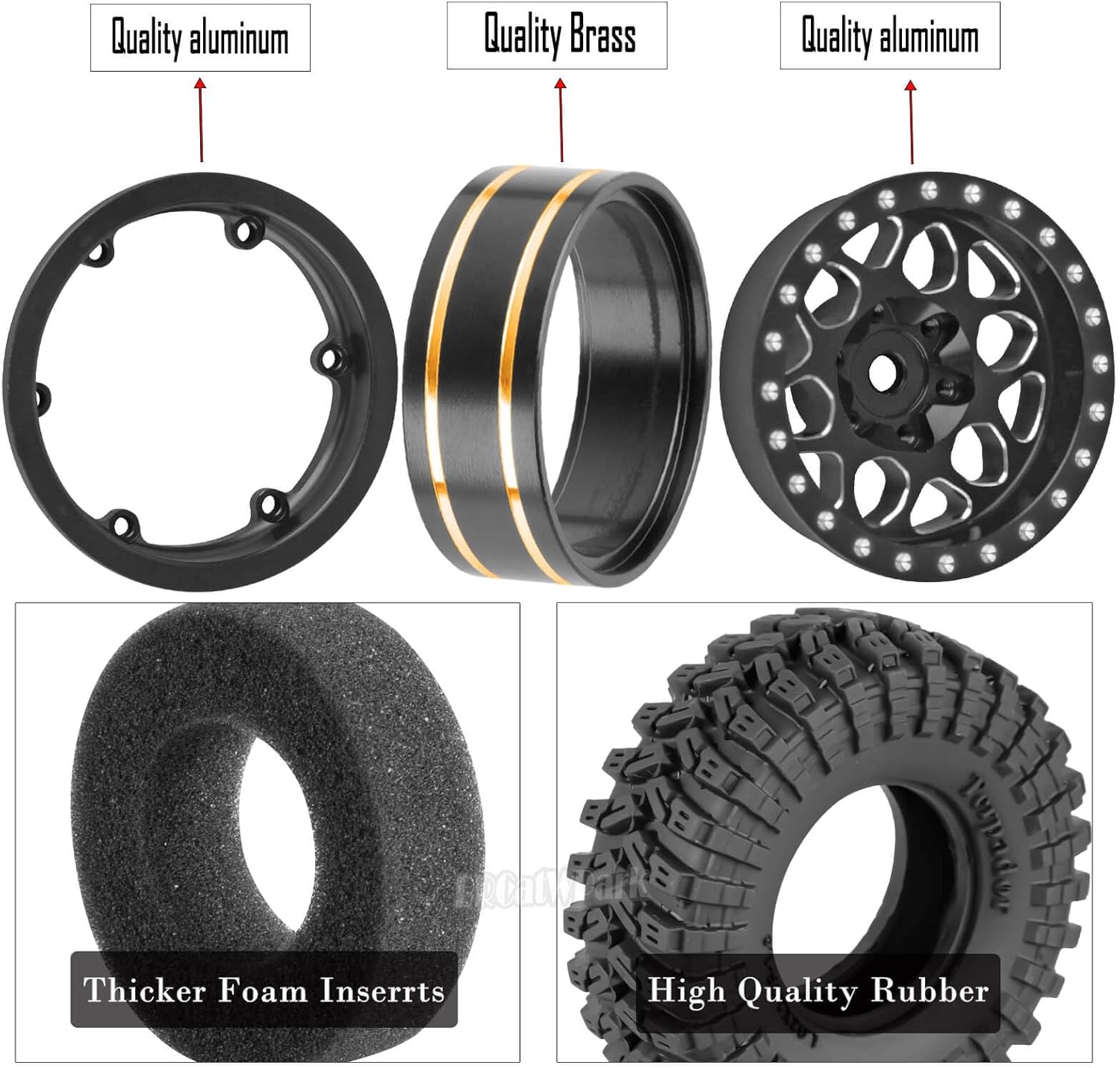 RC 1.3 Beadlock Wheels and Tires for 1/18 TRX4M 1/24 SCX24 FCX24 RC Crawler Car,4pcs RC 1.3 in Brass Rims & Aluminum Beadlock Wheels Rims and Tires,Black