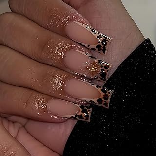 French Tip Fall Nails Medium Square Nail Tips | Cheetah Print Brown Press On Nails for Women