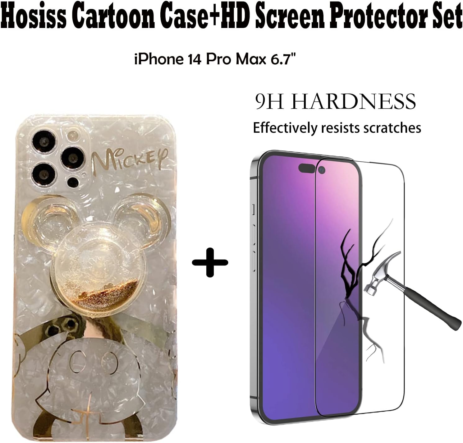 Cartoon Case for iPhone 13 Pro 6.1'' with HD Screen Protector, Mickey Mouse with Quicksand Cell Phone Holder Strap Soft TPU Shockproof Protective for Girls Women - Image 2