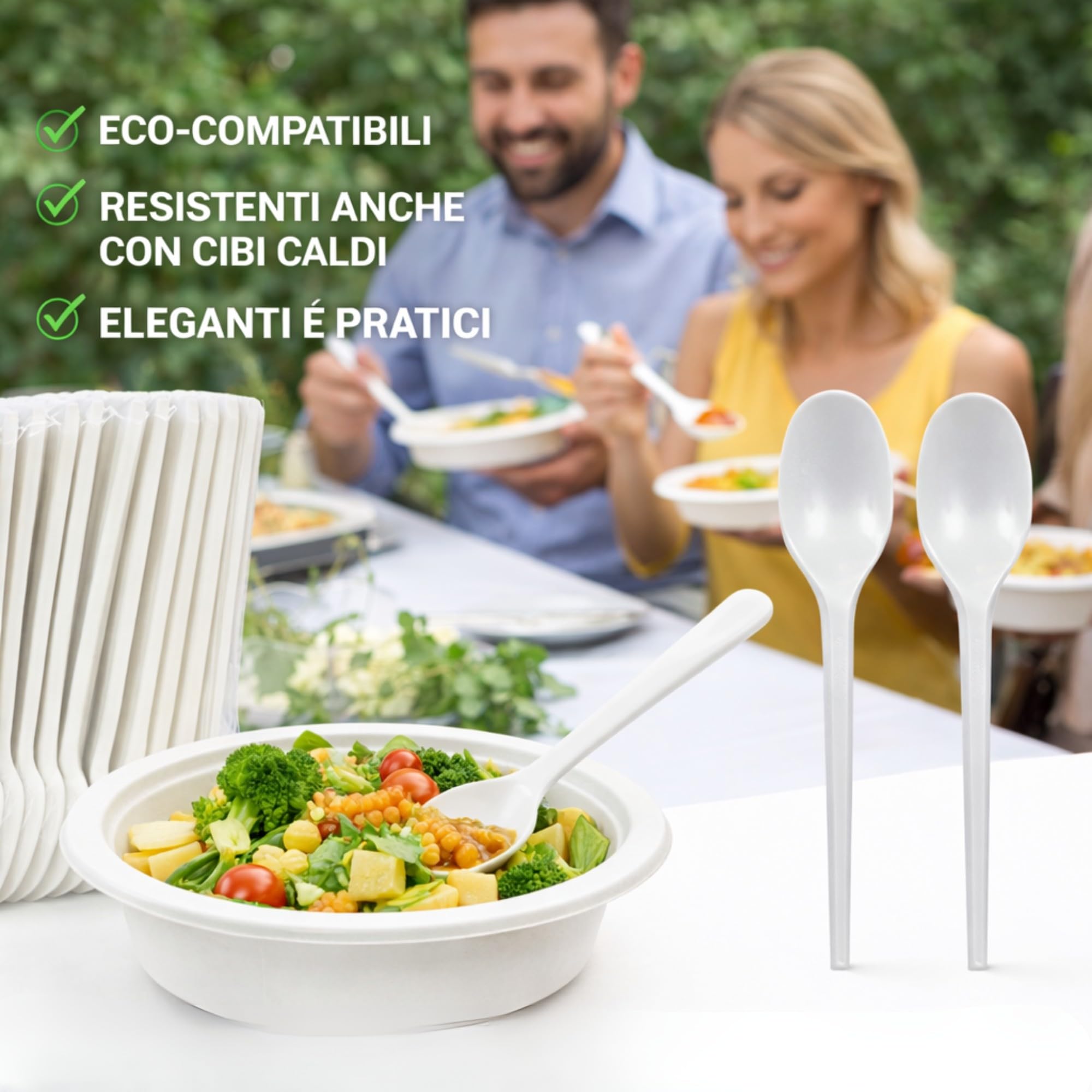 Cucchiai Riutilizzabili CPLA 16 cm Bianco, Posate Ecologiche Resistenti per Catering