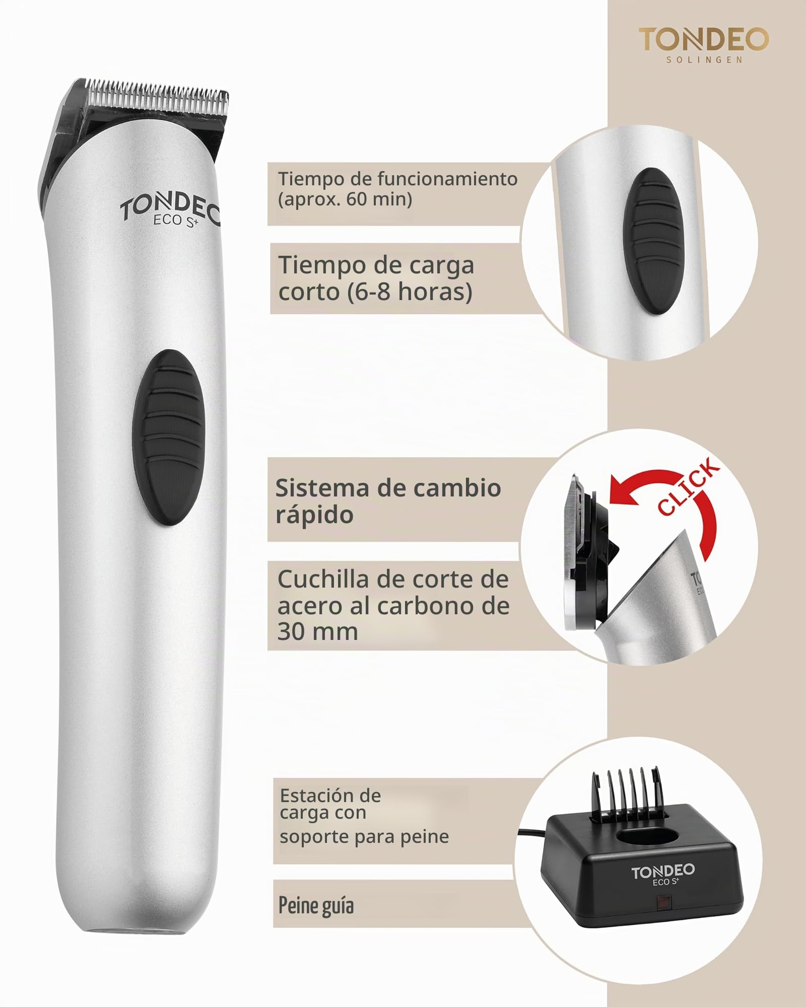 TONDEO Cortapelos ECO S PLUS SILVER | Cortapelos profesional con estación de carga y peine guía para 4 longitudes de corte diferentes