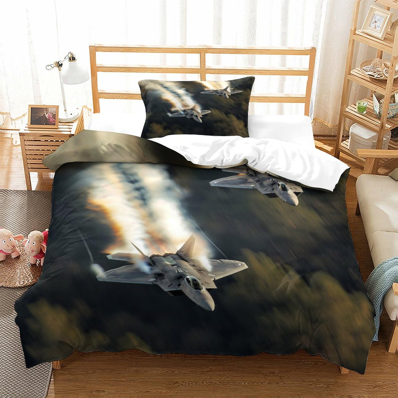 P1s9u7w5y Aircraft-1 Cool Jet 3D Printed Duvet Cover Set 3Pcs Microfiber Fighter Airplane Bedding Set Single（135X200cm）