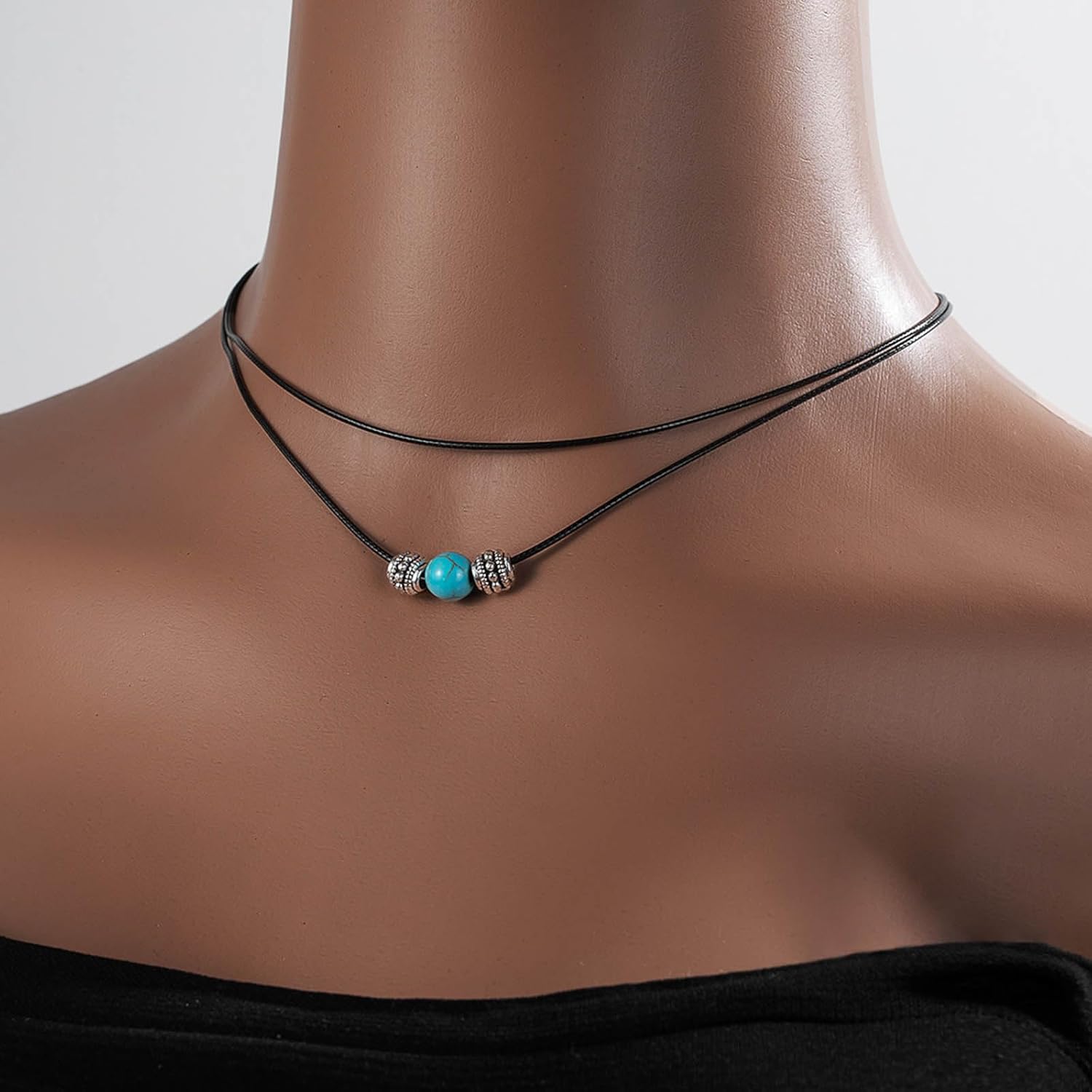 Boho Layered Leather Choker Necklace Tiny Turquoise Bead Necklace Black Leather Rope Necklace Suede Cord Turquoise Necklace Jewelry for Women - Image 2