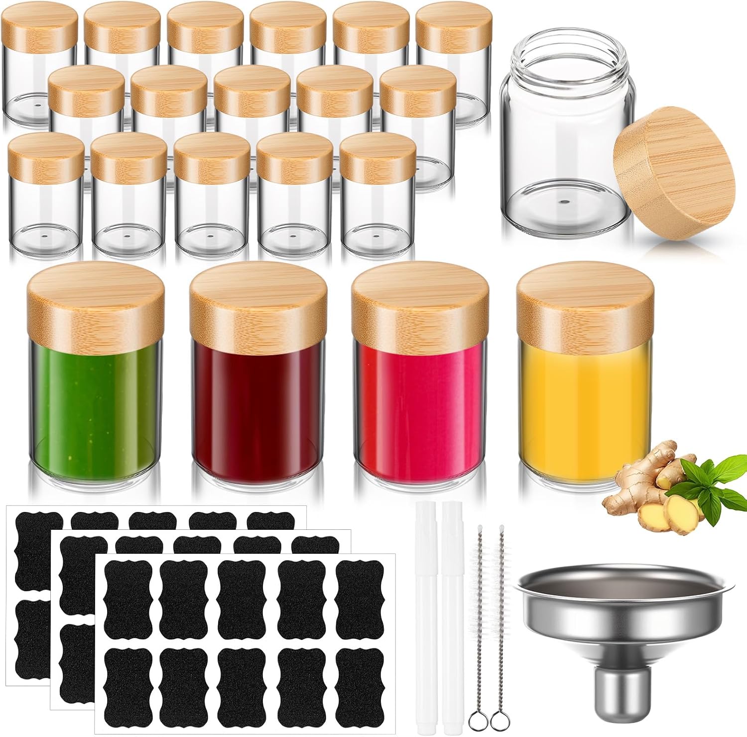 Baderke 24 Pcs 2 oz Glass Shot Bottles Reusable Mini Ginger Shots Bottles with Wood Lids Wide Mouth Small Glass Jars with Labels, Funnel, Pen and Brush for Ginger Juices Oils