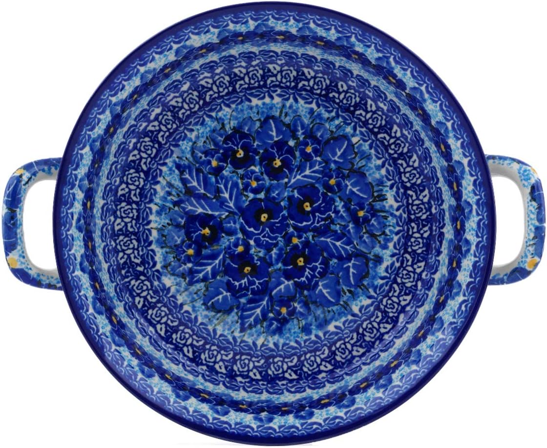 Polmedia Polish Pottery Round Baker with Handles UNIKAT - Deep Winter Pattern Handmade in Boleslawiec Poland by Ceramika Artystyczna + Certificate of Authenticity