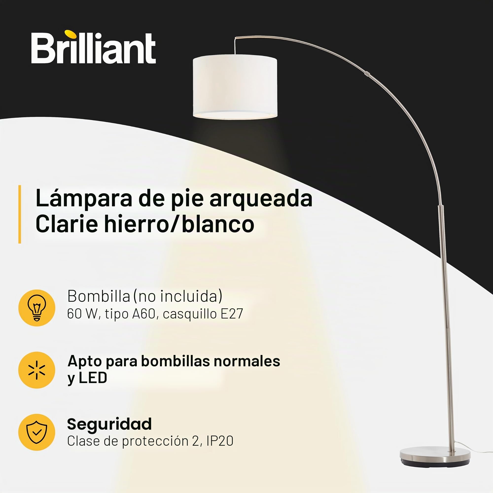 Brilliant Lámpara de pie de arco Lampe Clarie 1, 8m hierro/blanco | 1x A60, E27, apta para lámparas estándar (no incluidas) | Con interruptor de pie