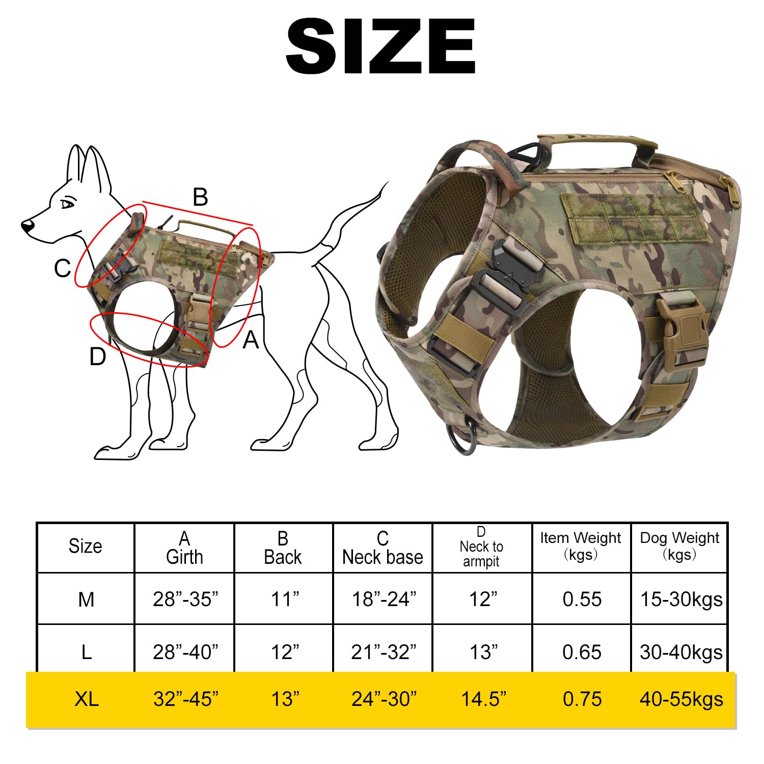 Arnés táctico para perros medianos y grandes, sin tirones, ajustable, para pasear, arnés militar con asa, chaleco para perro con paneles Molle (camuflaje (con 2 paquetes de accesorios), XL)