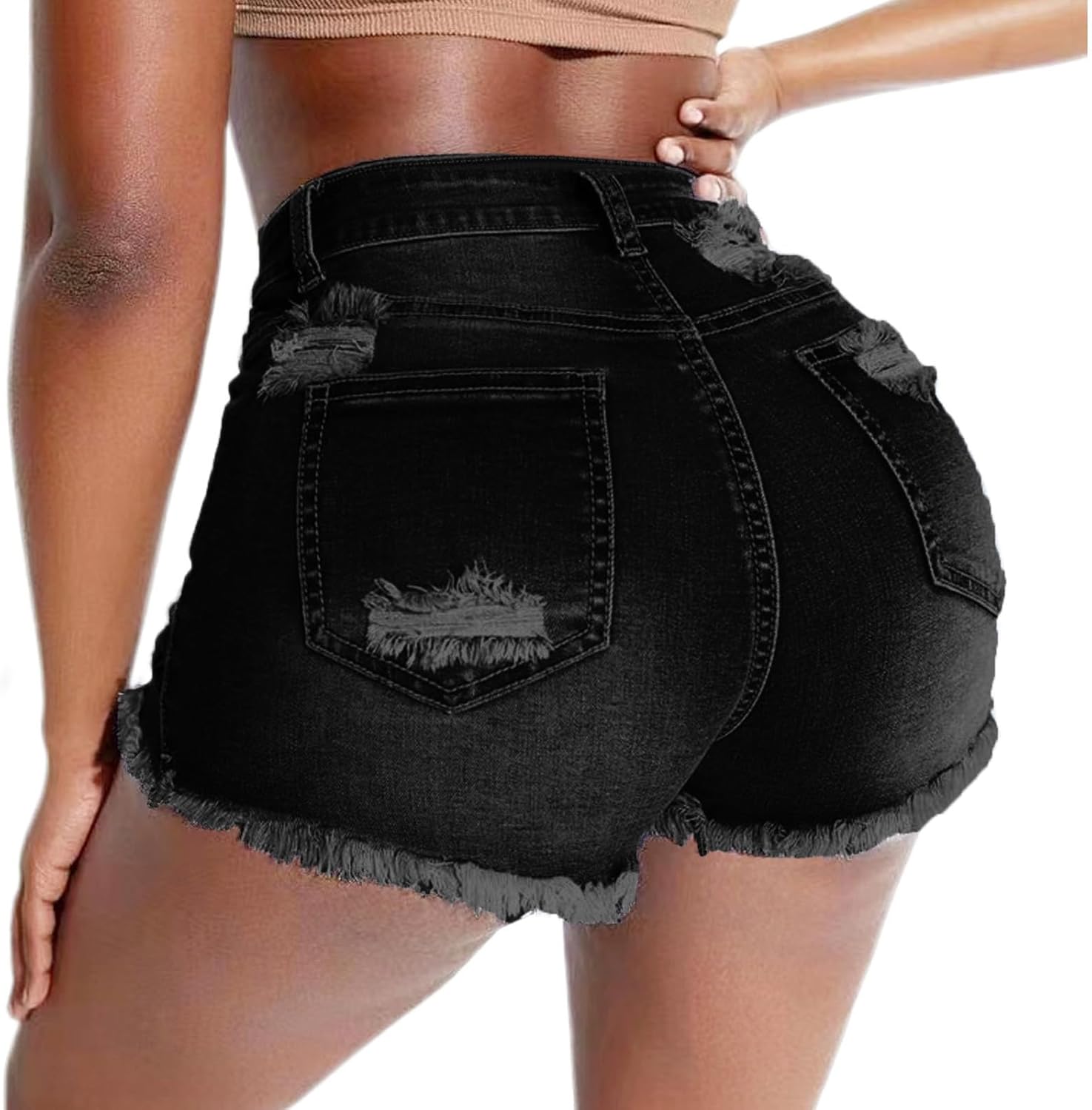 Women's Stretch Ripped Denim Shorts Mid Waist Casual Frayed Raw Hem Distressed Jean Shorts - Image 3