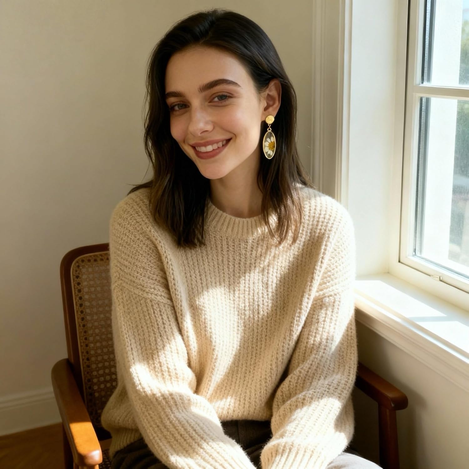 Real Pressed Flower Dangle Earrings for Women, Handmade Boho Chic Floral Jewelry, Gold Tone Earrings Unique Pretty Valentine’s & Mother’s Day Gift for Women Girls Best Friend - Image 4