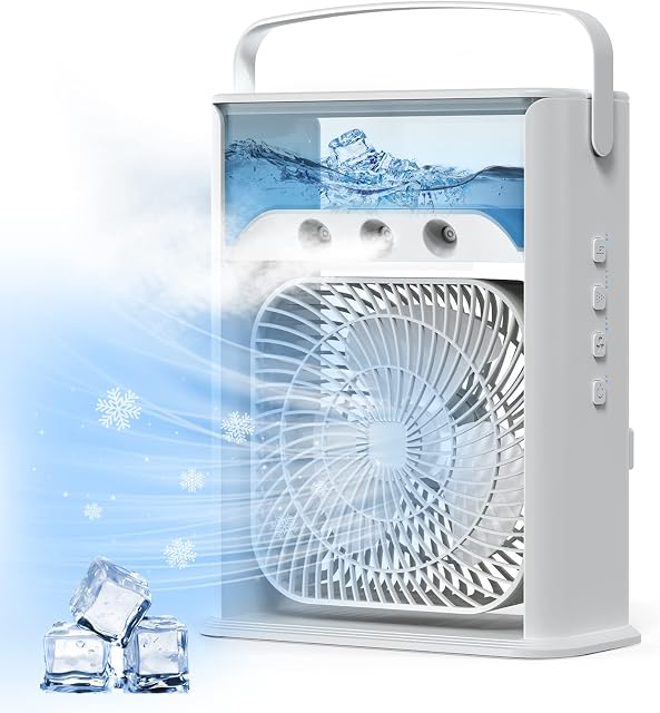 Portable Air Cooler, Mini Air Conditioner Fan USB Cooling Fan with 7 LED Lights 3 Speeds 3 Spray Modes Mini Air Cooler for Home, Office, Bedroom