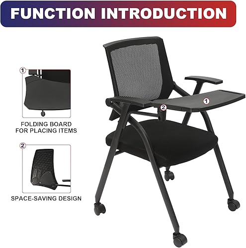 Miniatura 6 de Juego de 2 sillas apilables de malla para recepción de invitados, silla de oficina portátil con ruedas y brazos, silla de fiesta para oficina,