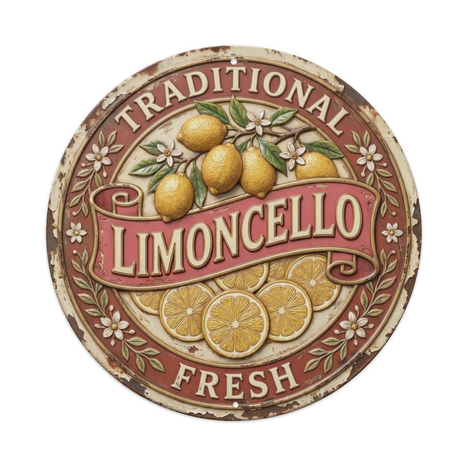 Traditional Limoncello Metal Sign Metal Tin Sign Plaque Wall Decor for Cafe, Club Bar, Office, Home Garden Round Metal Poster 8x8Inch