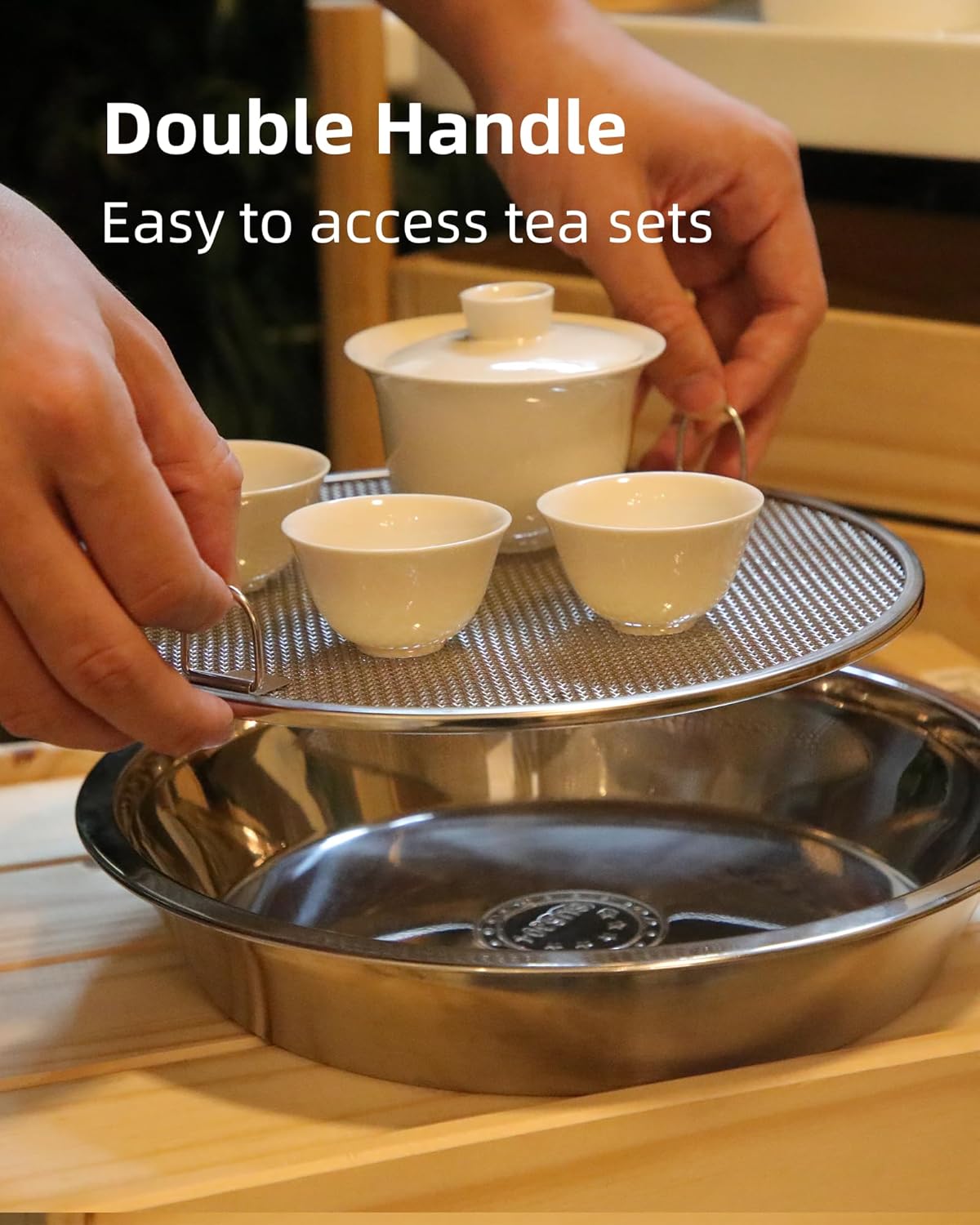 Stainless Steel Tea Tray, 11×11×2 inch, Water Storage, Chinese Kungfu Tea Serving Tray, Multipurpose Oil Strainer and Drain Basket, for Coffee Table, Kitchen, Living Room