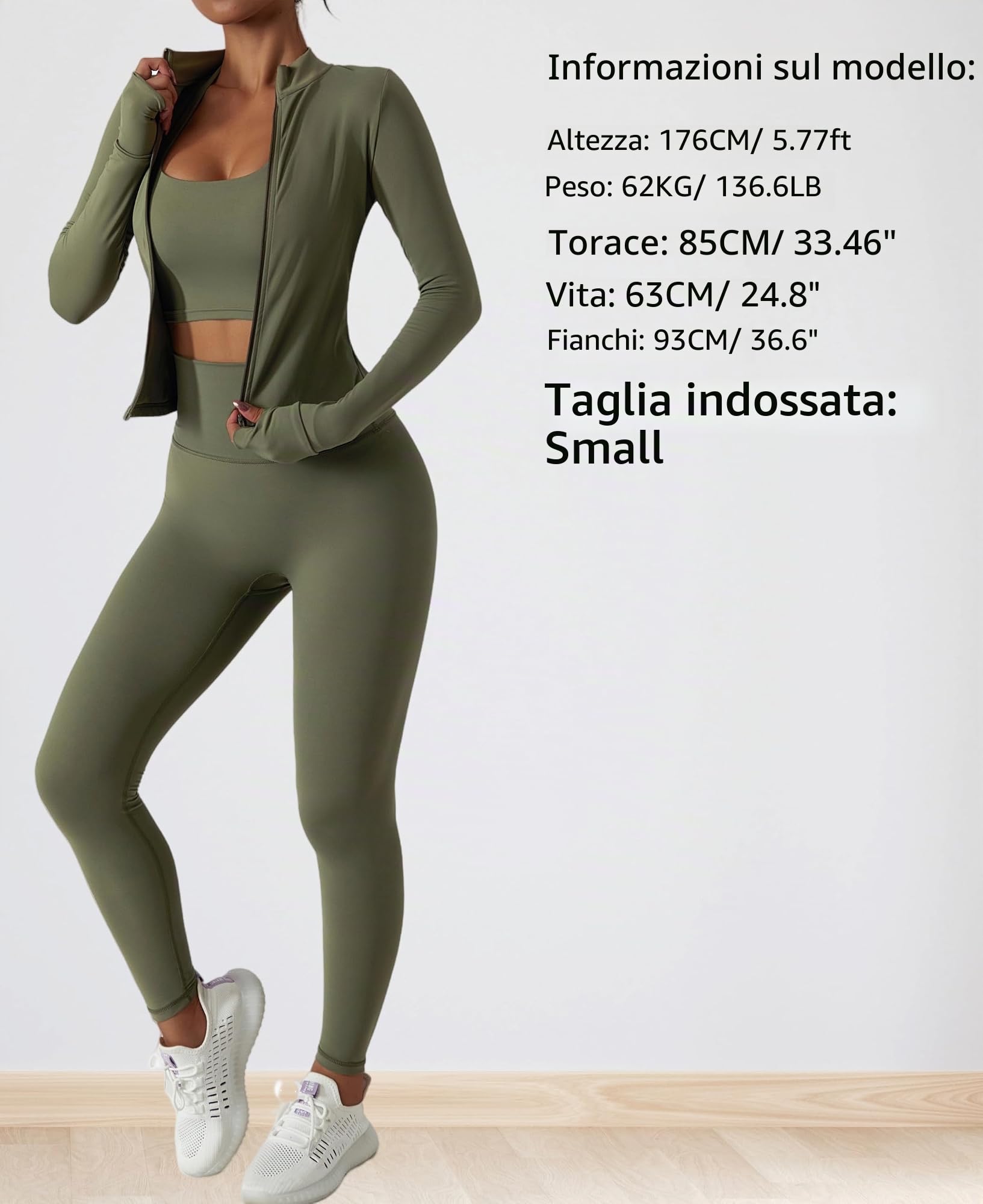 Tuta da donna in due pezzi, a maniche lunghe, con cerniera e leggings a vita alta, set da allenamento