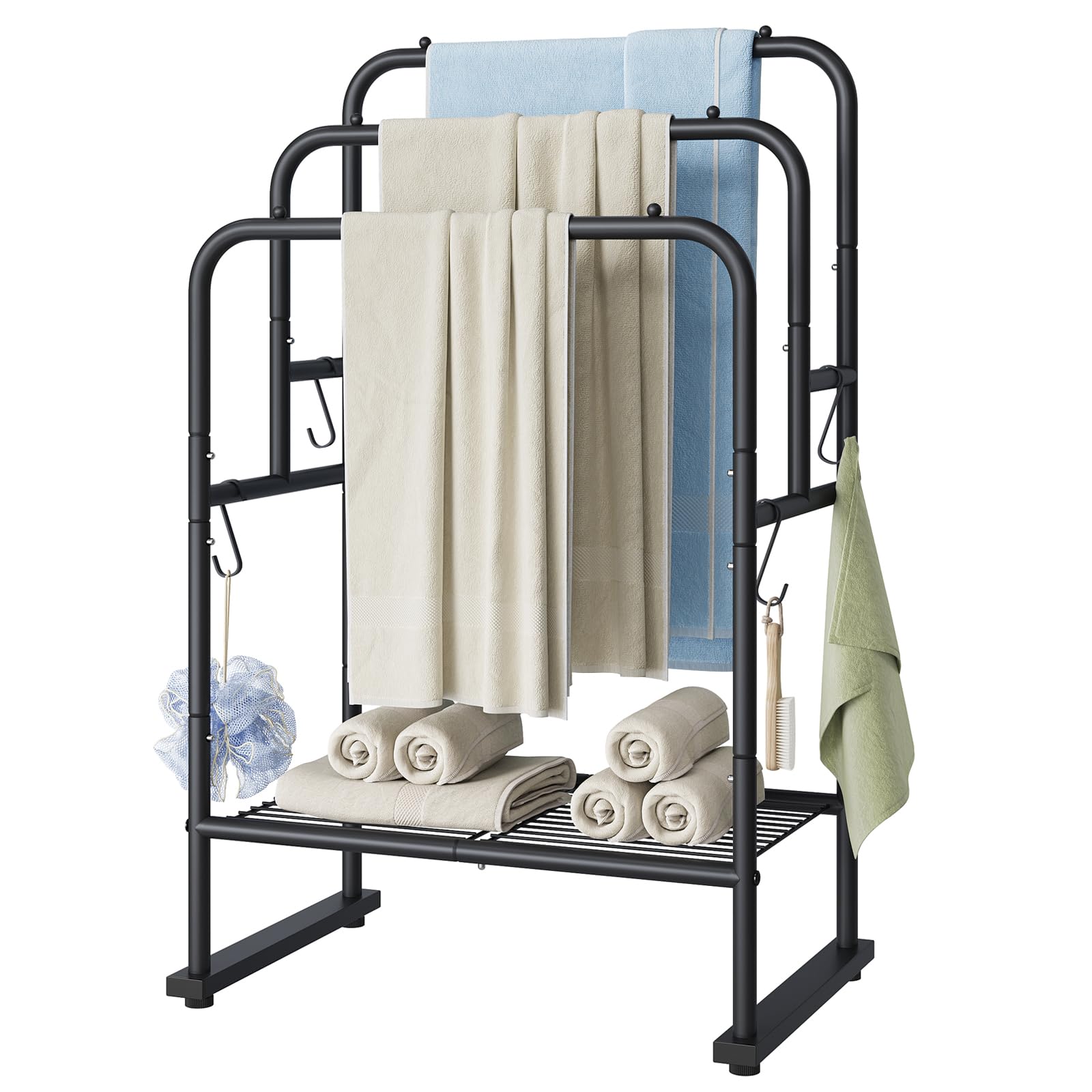 ELYKEN - Toalleros de pie altos de 40 pulgadas, estante de secado de toallas de 3 niveles para exteriores, soporte de toalla de piscina porta mantas con estante y 4 ganchos extraíbles, toalleros - Negro mate