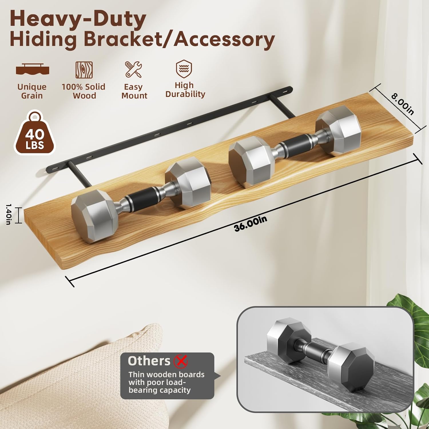 Floating Shelves for Wall Rustic Farmhouse 36 Inch Floating Shelf Bathroom Wooden Shelves for Wall Mounted Live Edge Pine Shelf with Unique Natural Grain for Living Room Bedroom Kitchen (Natural) Natural 36 inch - 2pcs