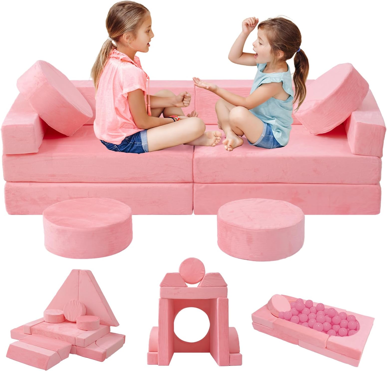 HOMFINE 16pcs Modular Kids Play Couch, Child Nugget Couch Sofa, Bedroom and Playroom Furniture for Toddlers, Convertible Foam and Floor Cushion for Boys and Girls, Pink