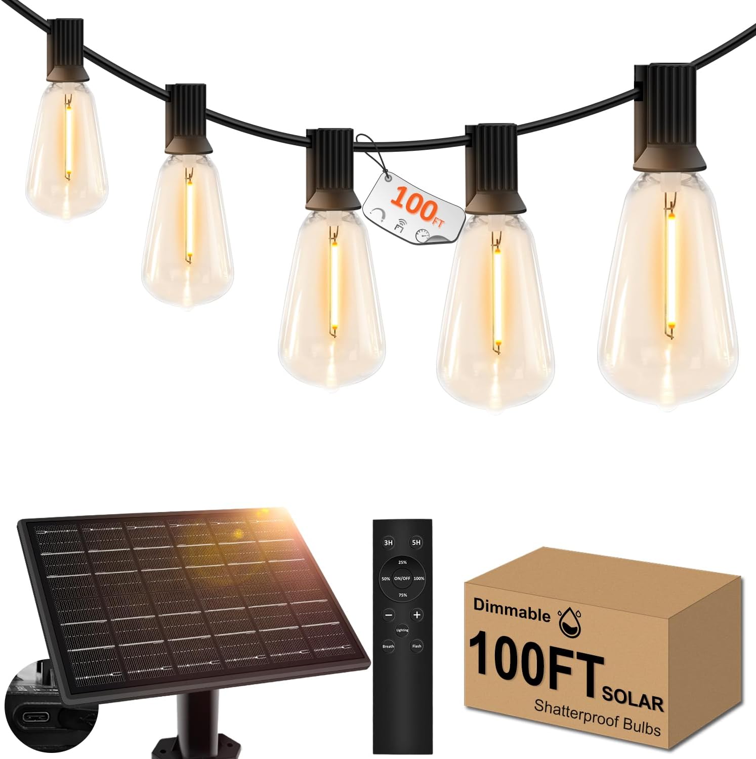- 100ft Solar Outdoor String Lights with Remote - USB Rechargeable Solar Powered Outdoor Patio Lights, Larger 3.5W Solar Panel , Timer, Dimmable Shatterproof ST38 Bulbs for Backyard, Porch, Garden, Pool