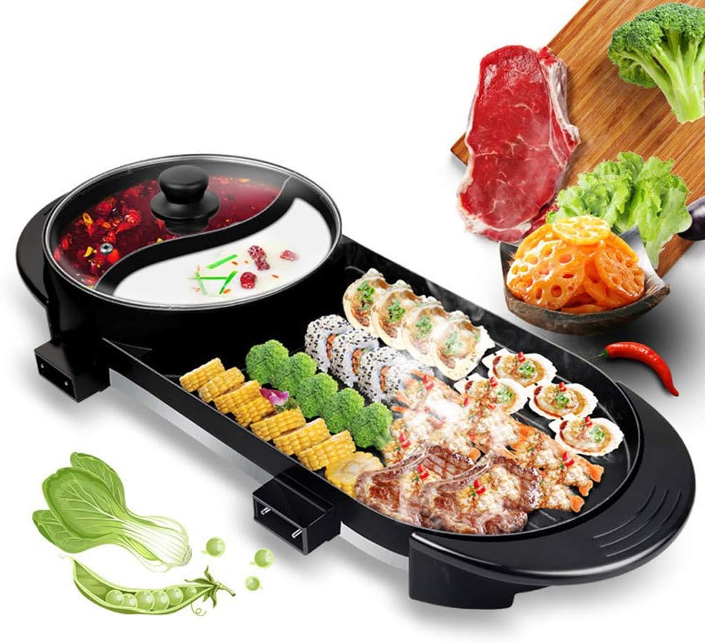 YU-TOPQSC Grill Indoor Hot Pot, Multifunctional Teppanyaki Grill/Shabu Pot with Divider Separate Dual Temperature Contral, Capacity for 6 People Family Gatherings. (110V)