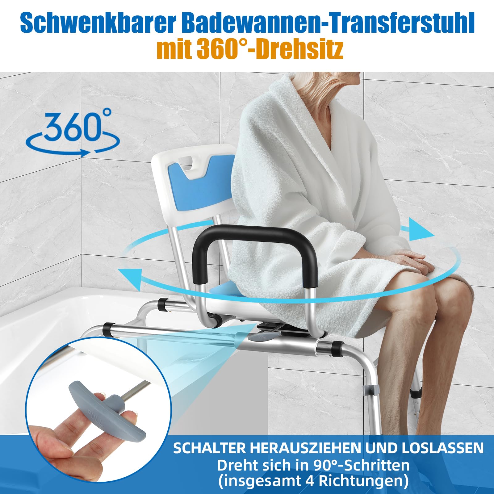 360°Drehbarer und Gleitbarer Duschhocker für Senioren,Duschhocker & Badewannen-Transferbank mit Drehsitz & Gleitfunktion-Höhenverstellbar, Gepolsterte Armlehnen & rutschfeste Füße (180 kg)