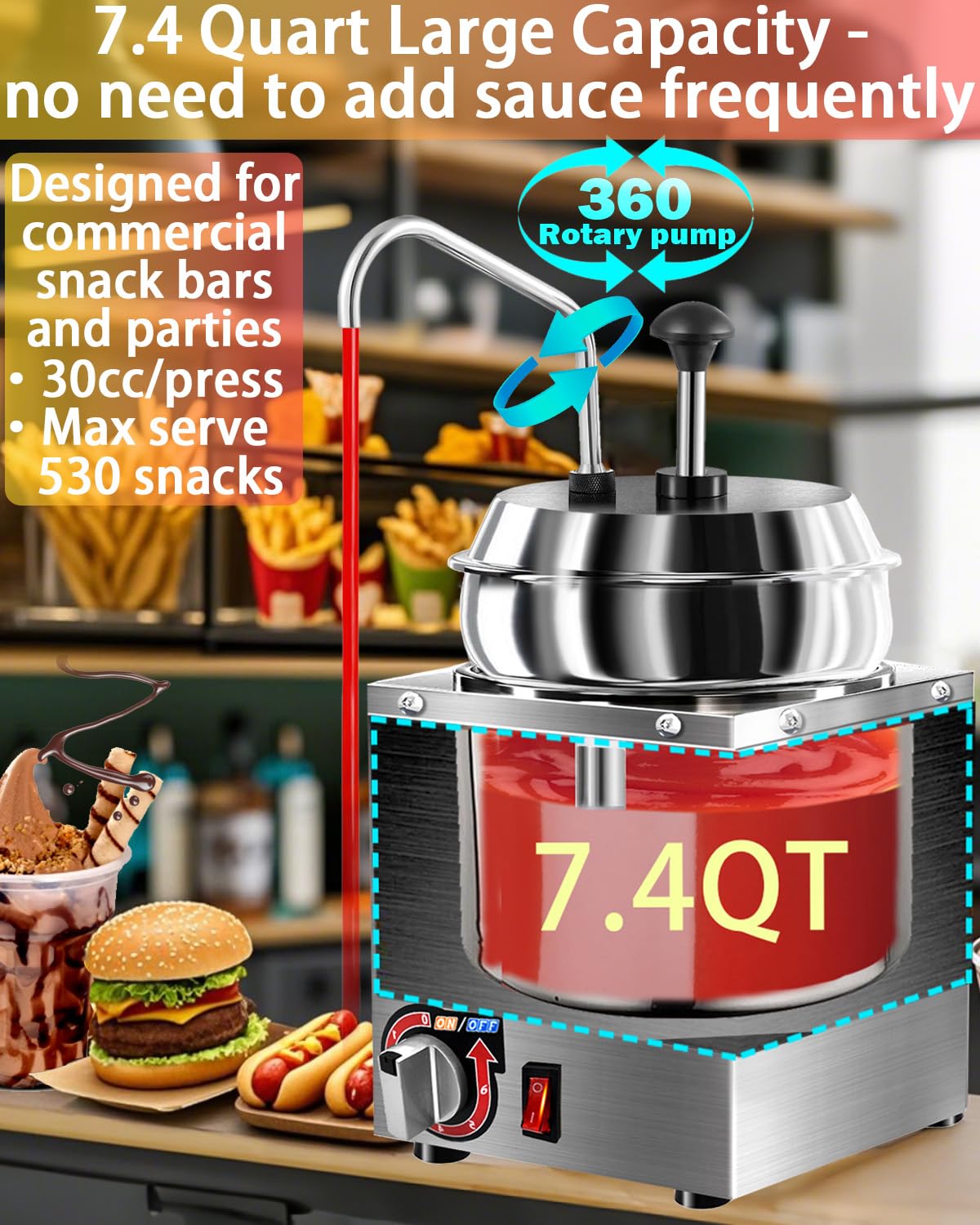 Dispensador de queso Nacho, calentador de queso nacho de 7.4 cuartos con bomba de acero inoxidable, calentador de dulce caliente con ajuste de temperatura de 6 niveles, máquina dispensadora de salsa