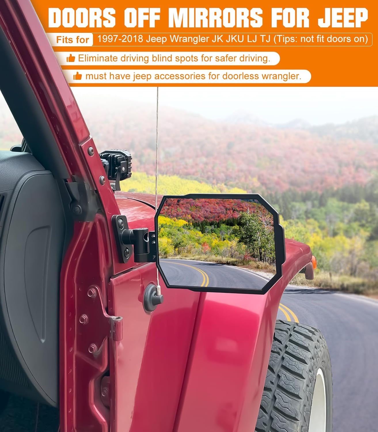 Aluminum Wrangler Mirrors Doors Off for 1997-2018 Jeep Wrangler LJ TJ JK/JKU Accessories, Wider View Foldable JK Side Mirror Replacement Kit, No Vibrate & Wobble, Easy Install, Not Fit Doors On