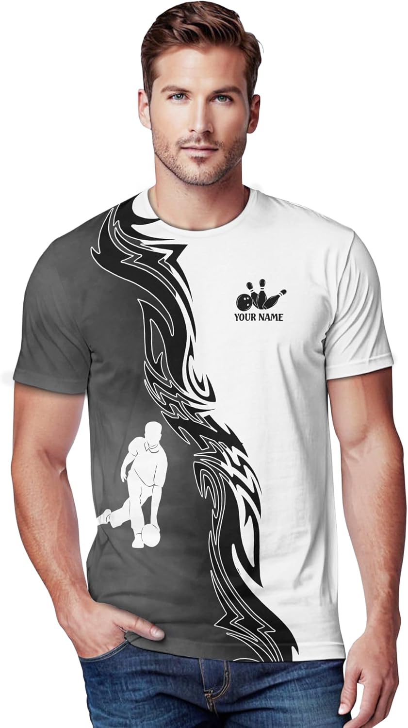 Mens Bowling T-Shirt Personalized American Bowling Ball Tee Shirt for Boy 3 D Bowling Shot Clothing