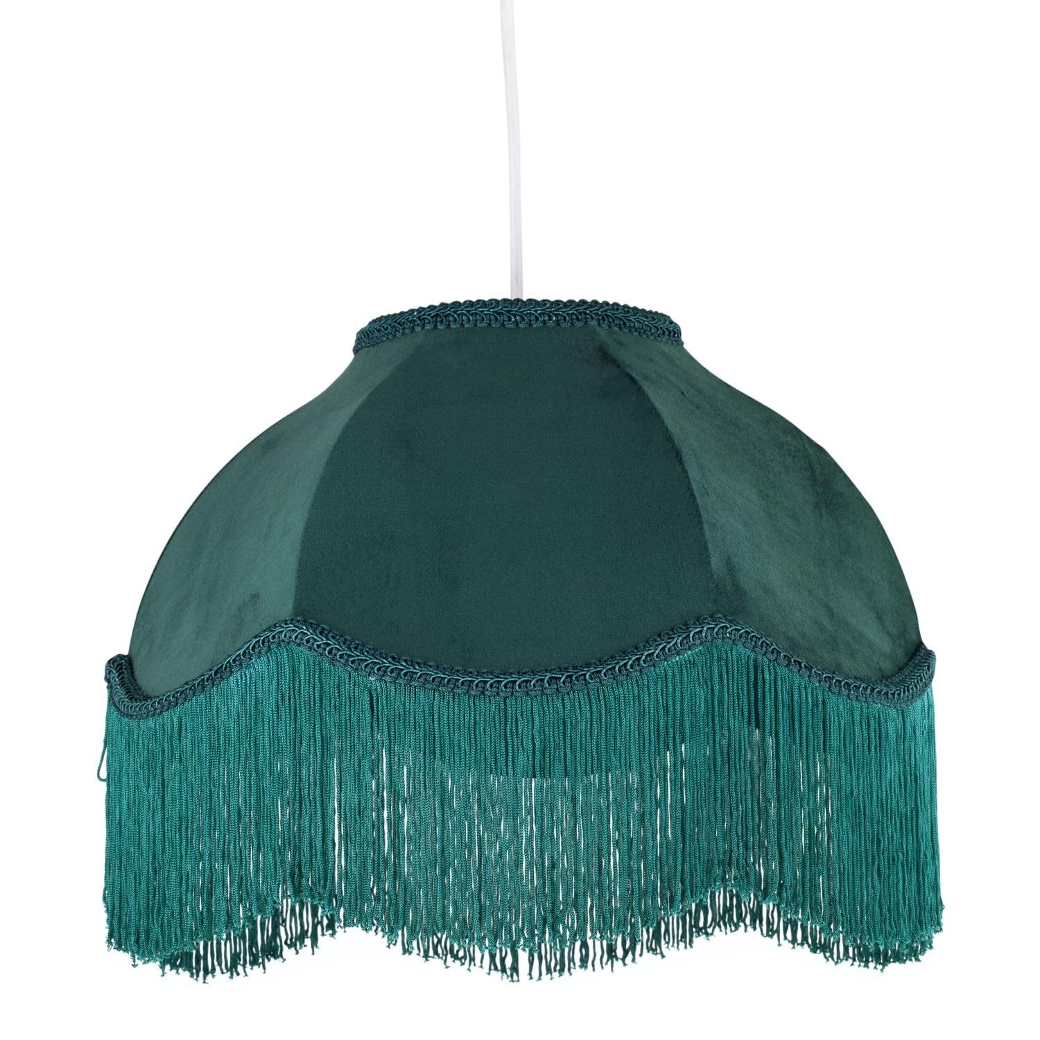 firstchoicelighting Dark Green Velvet Fringed Ceiling Pendant Lightshade or Table Lampshade, Easy Fit Shade, Vintage Design, 35cm Diameter