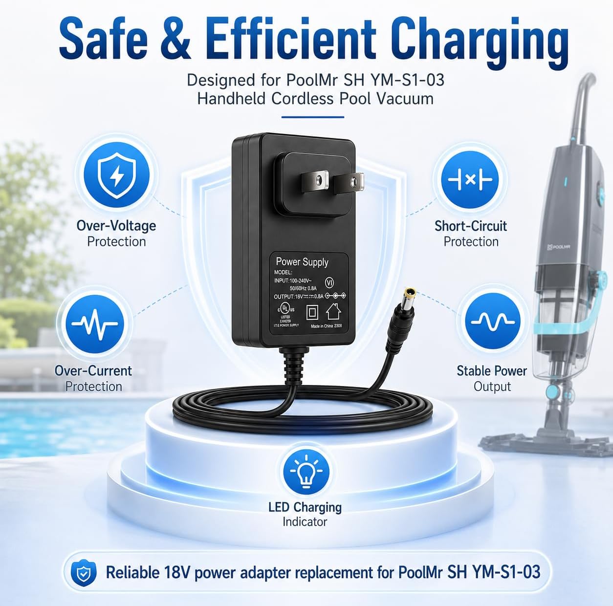 18V Power Charger Replacement for PoolMr SH YM-S1-03 Handheld Cordless Pool Vacuum image 2