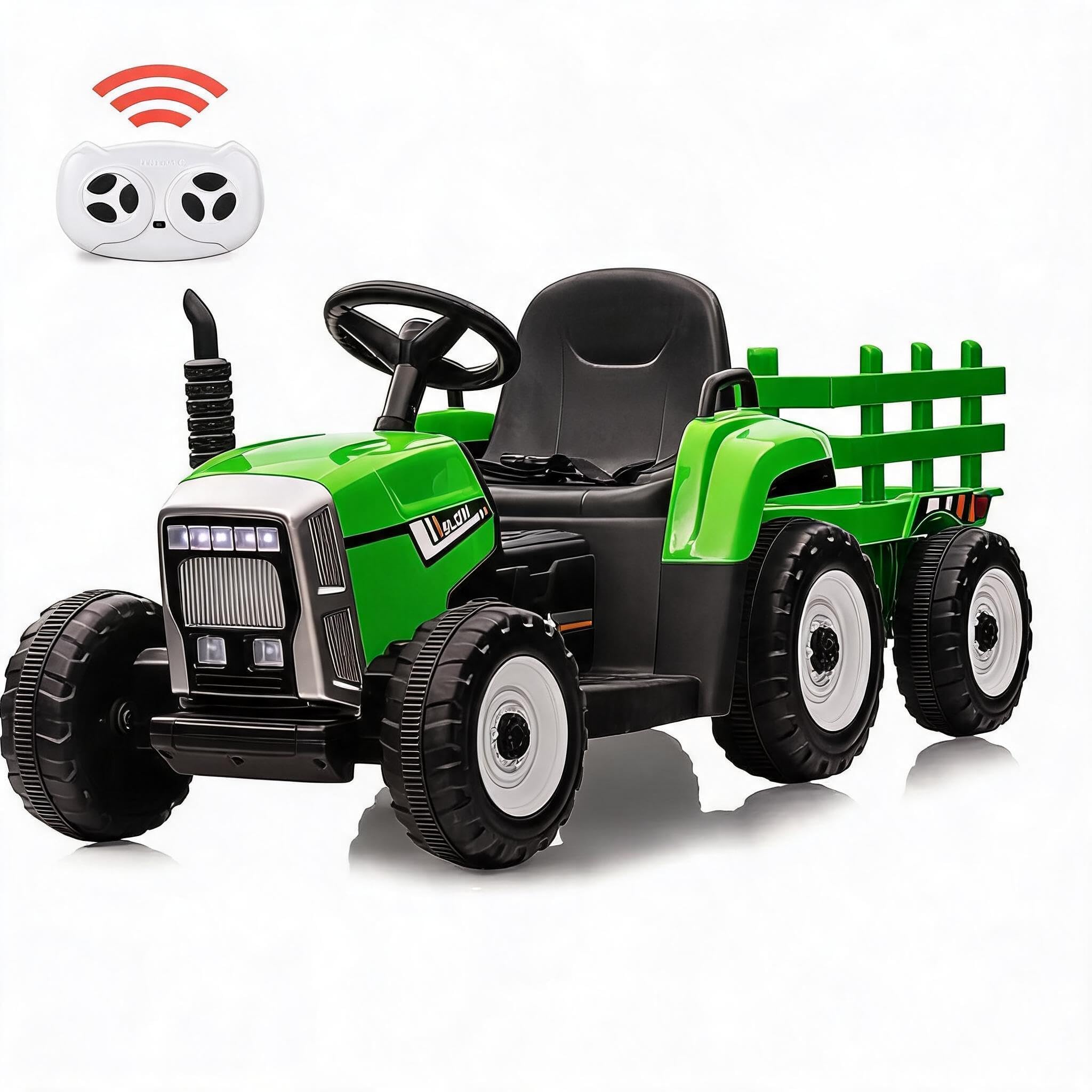 Garvee Tractor Electrico para Niños con Mando 2.4g, Remolque Desmontable,3 Velocidades Ajustable, LED, Música, Pedales, Inalámbrico,USB, Vehículo De Batería para Niños De 3 a 6 Años, Verde