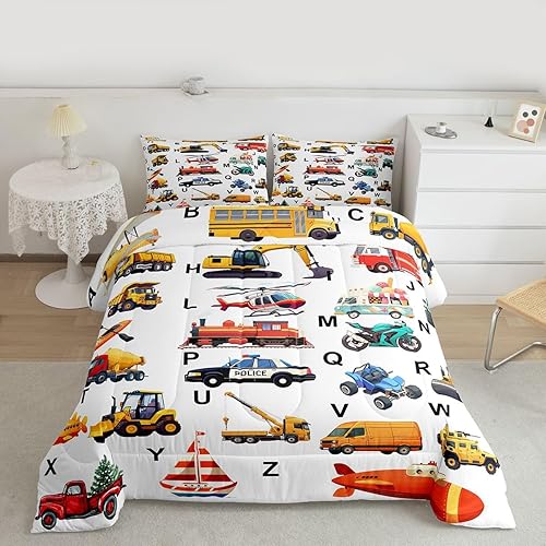 Excavator Kids Comforter Fire Truck Police Car Boys Comforter Set Helicopter Mot
