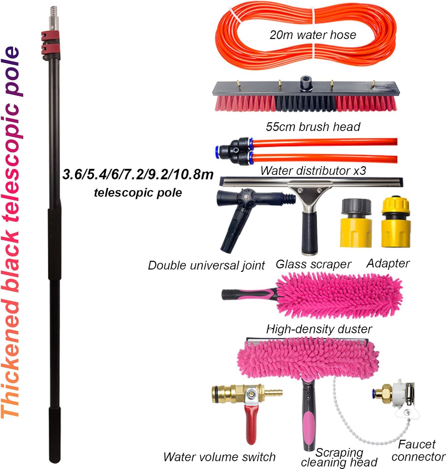 Water Fed Pole Kit, Window Cleaning Poles, 12FT-35FT Aluminum Outdoor Window Cleaner, Extendable Telescopic Pole Water Fed Brush Spray Washer for Window Glass 6M-55CM
