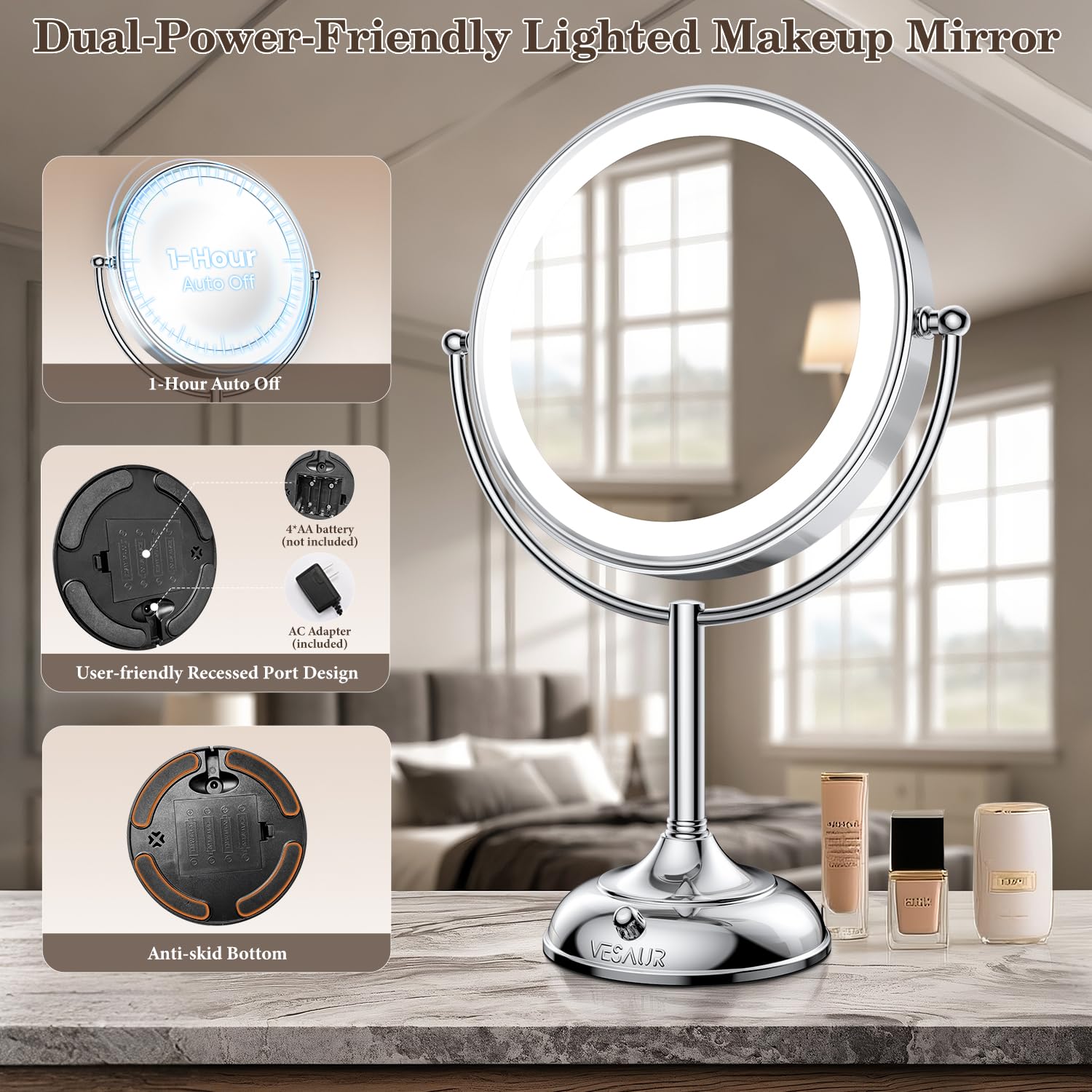 VESAUR Espejo de maquillaje iluminado extragrande de 30 cm de alto, 1X/5X/10X, espejo de aumento de 3 lados con 96 LED, 3 luces regulables de color, espejo giratorio de 360°, caja de regalo de lujo de