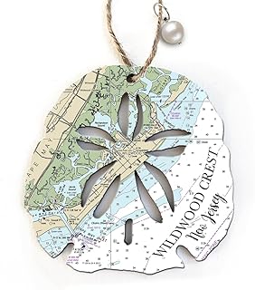 Ornament |Wildwood Crest, NJ Sand Dollar SHAPED WOOD Map Ornament| 4” Wood Hanging Ornament with Pearl Charm | Perfect for Wine Bottles, Gift Bags, or Christmas Tree | Unique Gift for any Occasion